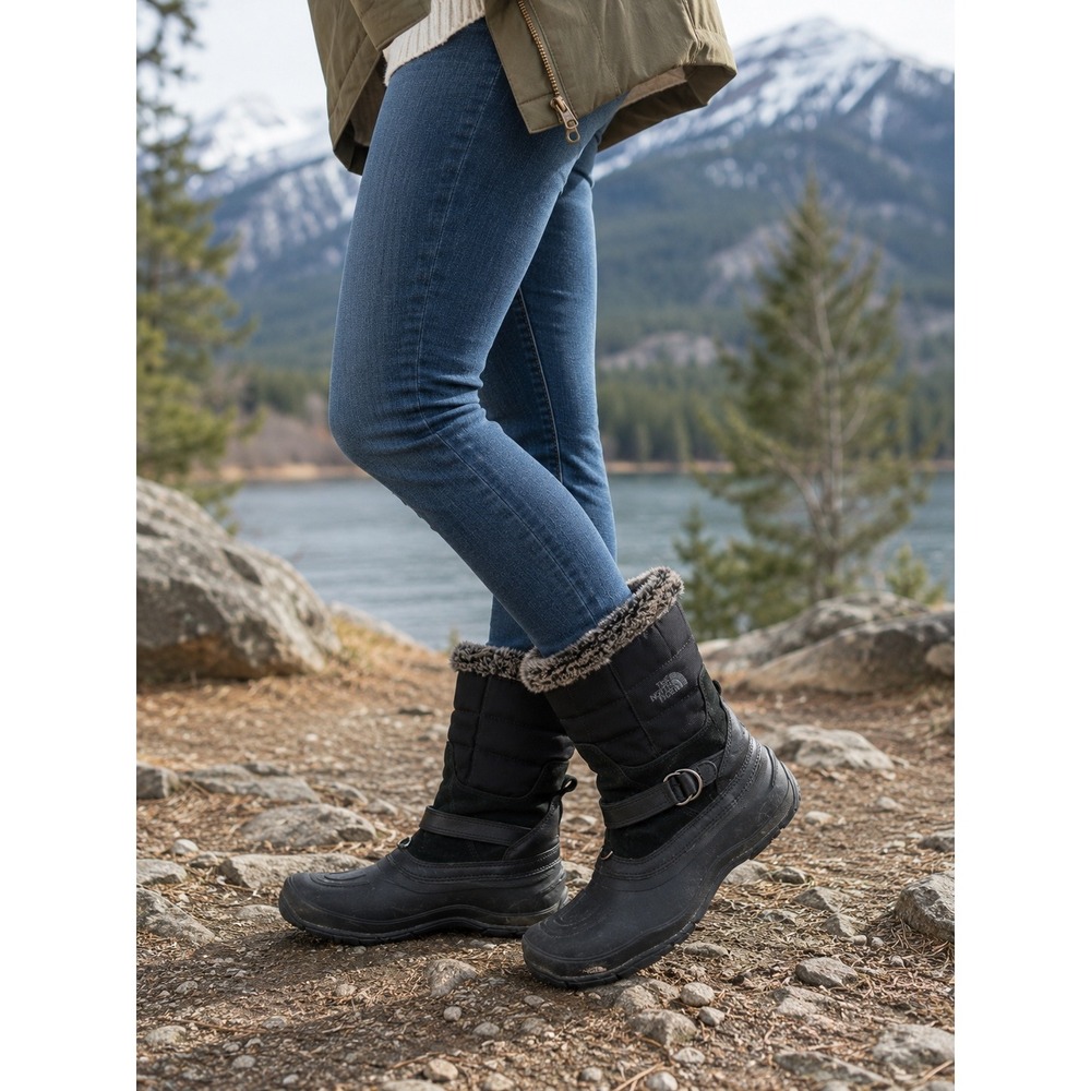 The North Face Womens Black Faux Fur Trim Winter Pull On Snow Boots Size 8